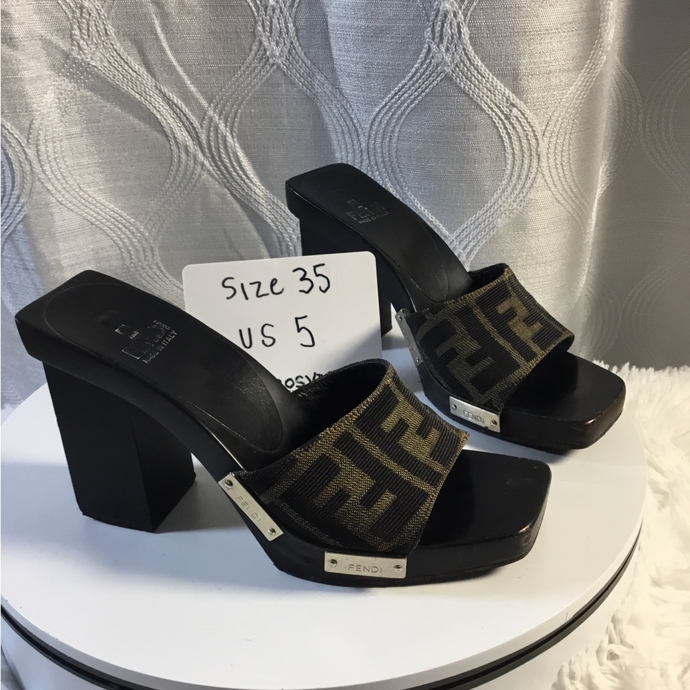 Fendi Black Leather Slide Sandals with Brown FF Jacquard Strap - Picture 2 of 7